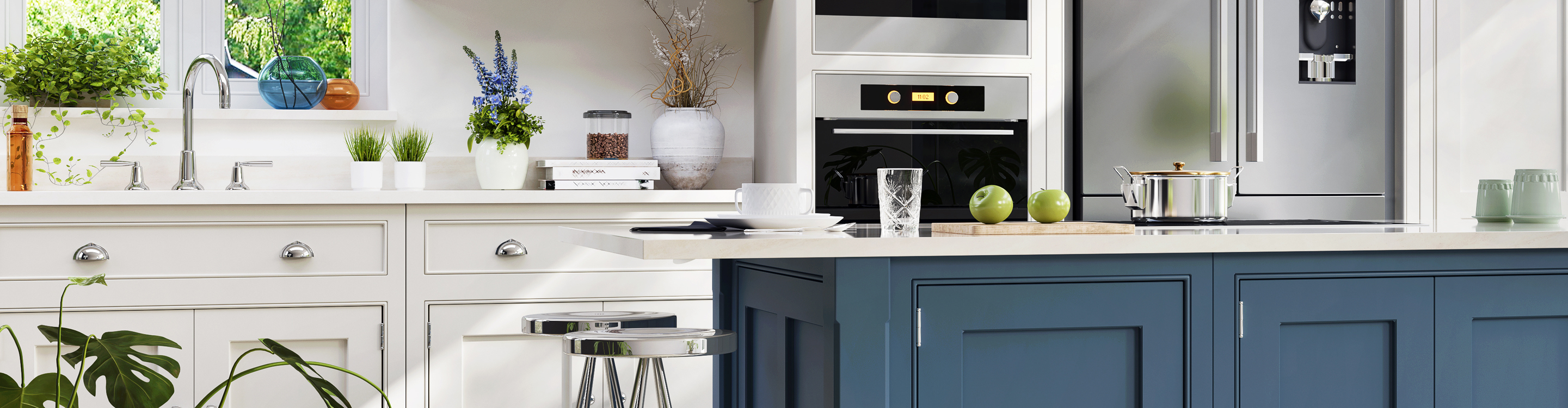 white countertops and custom tile flooring in kitchen